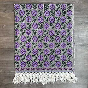 Vintage Knit Purple Gray Floral Print Boho Tassel Edge Poncho